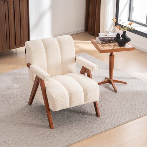 Poltrona ausiliaria in bouclé e legno massello, con braccioli, stile moderno, beige (1/5)