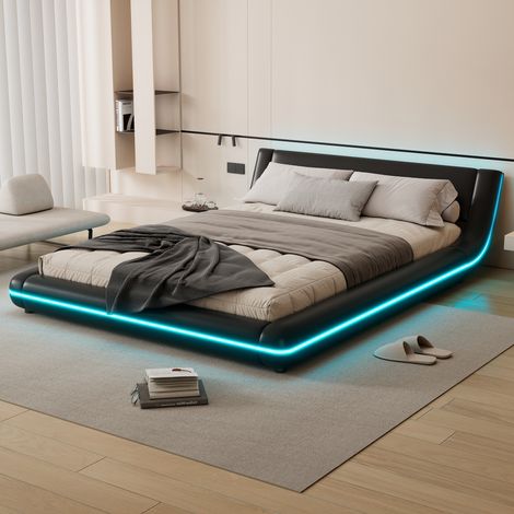 Lit double plat 140x200cm, lit adulte au sol, cadre de lit avec LED, sommier à lattes et tête de lit, PU, noir (1/5)