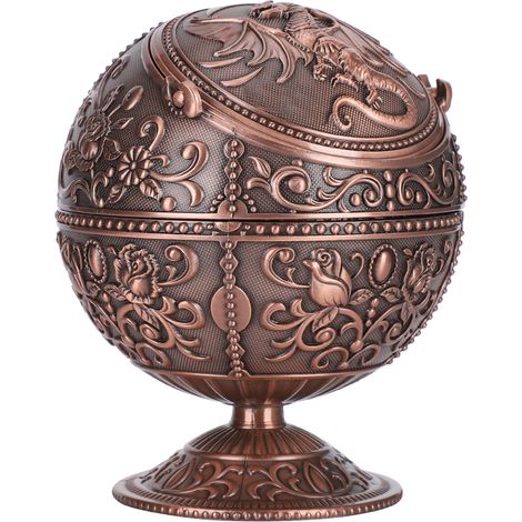 Cendrier vintage avec couvercle, forme Tellurion, motif dragon, alliage de zinc, coupe-vent, objet de décoration artisanale. (1/5)