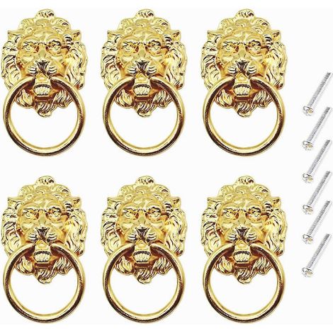 Lot de 6 poignées de tiroir en forme de tête de lion, poignées de tiroir dorées, boutons avec vis, poignées de meubles de style vintage, compatibles avec les coiffeuses, les tiroirs, les armoires et l (1/5)