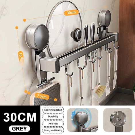 (Gris 30 cm - Autre) Étagère de cuisine murale grise sans perçage, grande capacité, en métal, avec système de drainage ajouré, facile à nettoyer. (1/5)