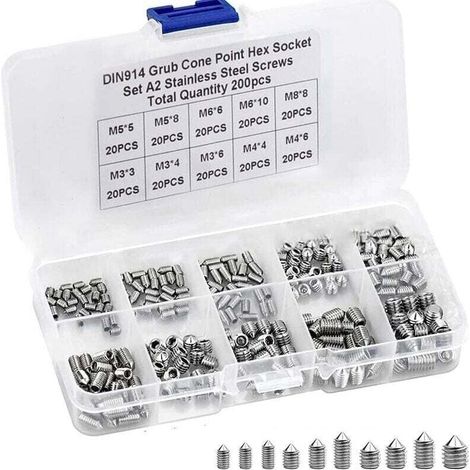 200 Pices Vis Sans Tte Vis Sans Tte Hexagonale M3 M4 M5 M6 M8 Allen Vis Pointeau en Acier Inoxydable Vis Poigne de Porte Vis Allen Vis Sans Tte Coniques Assortiment Vis (1/4)
