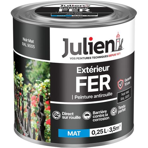 Julien Peinture Fer Anti-Rouille Mat - Portes, grilles, portails, mobilier de jardin en métal - Noir Mat 0,25 L