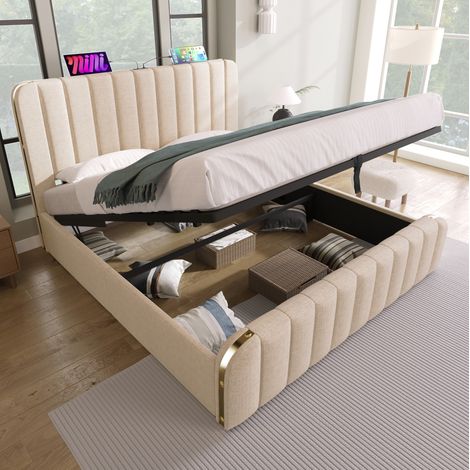 Letto contenitore imbottito moderno in lino beige 140x190 cm con testiera ricarica USB/Type-C e rete a doghe (1/5)