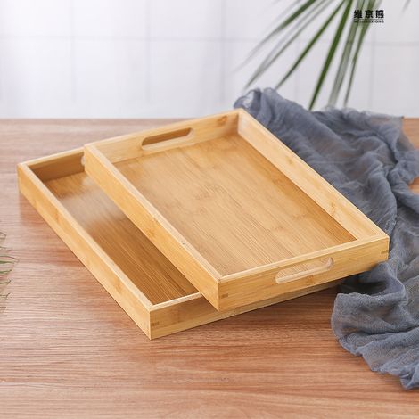 Plateau de service rectangulaire en bambou avec poignée pour la maison, la cuisine, le goûter, idéal pour le petit-déjeuner, le café, le thé (plateau à poignée plate 35 x 22 x 4 cm) (1/3)