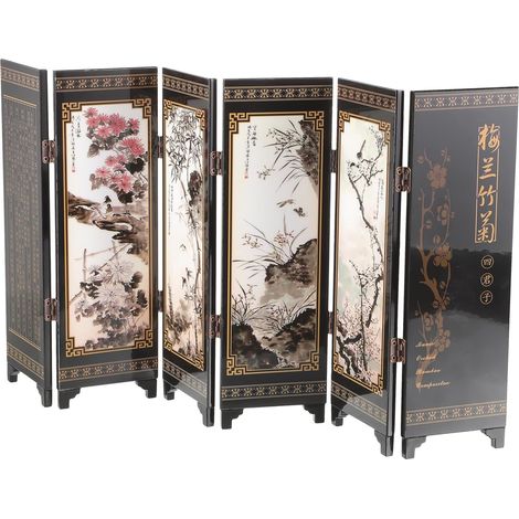 Paravent Décoratif Pliable en Bois Style Chinois Traditionnel, Mini Cloison de Séparation pour Intérieur, Écran Vintage Compact pour Salon et Bureau, Ornement Décoratif Mural (1/5)