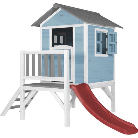 Axi Maison Enfant Beach Lodge Xl En Bleu Avec Toboggan En Rouge Maison De Jeux En Bois Ffc Pour Les Enfants Maisonnette / Cabane De Jeu Pour Le Jardin