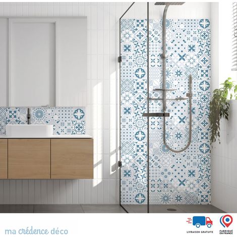 Panneau de douche : Carreaux ciment gris 1 - Couleur Bleu Pastel - Alu composite - 90 - 245 (1/3)