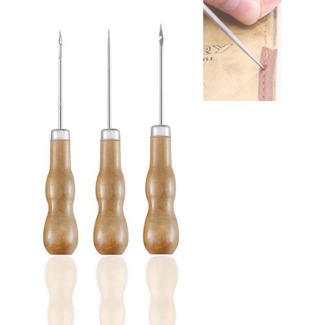 Lot de 3 perforateurs avec manche en bois, poinçons avec manche en bois, artisanat du cuir, trou de poinçon de couture, outil de couture, poinçon incurvé (1/5)
