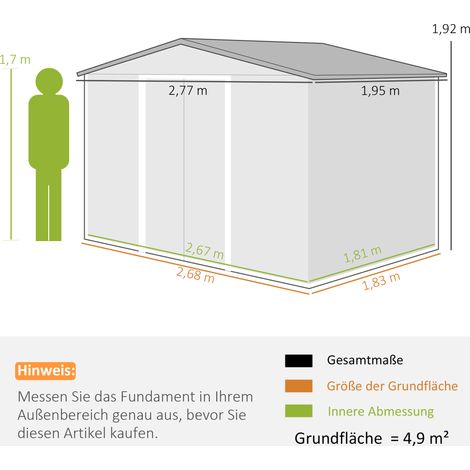 Abri de jardin 4,9 m² en acier galvanisé à toit monopente, porte coulissante et fondations, remise étanche dimensions 277 x 195 x 192 cm, couleur marron clair (1/4)