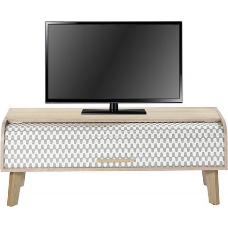 Meuble TV rideau chêne clair et rideau imprimé vagues grises Happy 114cm (1/3)
