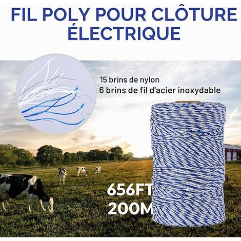 Corde Clôture Électrique Acier Inoxydable PE Fil Électrique Polyfile Corde Conductrice Bleu Blanche (1/4)