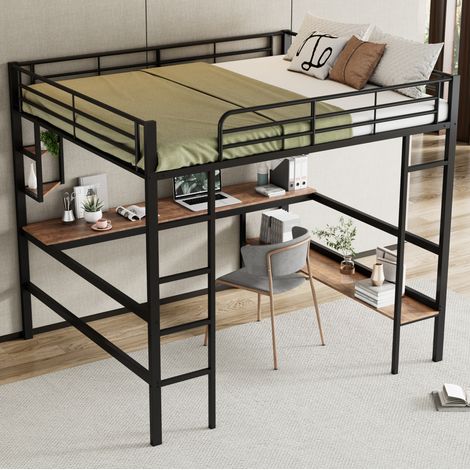 Letto a soppalco con scrivania, letto a soppalco 140x200 cm, letto a soppalco per ragazzi con 4 ripiani e libreria, struttura letto in ferro, nero (1/5)