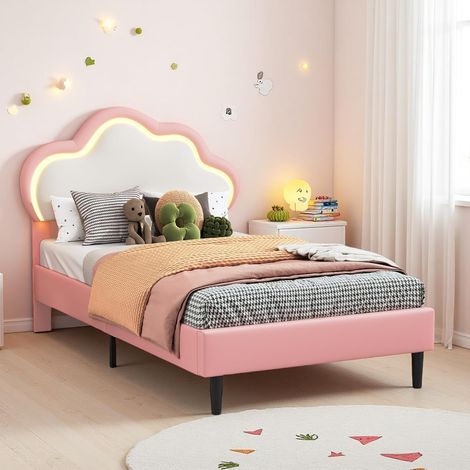 JOOKGBD–Letto per Bambini 90x200 cm,Letto Singolo,Illuminazione LED,Testiera a Forma di Nuvola,Testiera Regolabile,Rete a Doghe,Senza Materasso,rosa