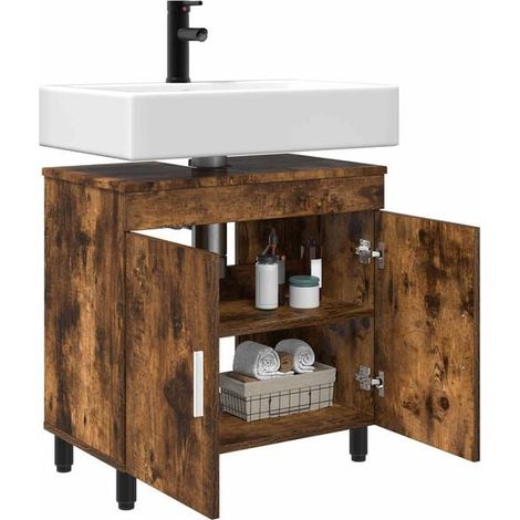 Meuble de Salle de Bain avec Miroir et Évier, 60 cm, Chêne Fumé, Style Moderne, Rangement Intégré, 60x35x60 cm (1/5)