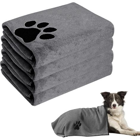 Serviette de Toilette Super Absorbante pour Chien, Lot de 4 Serviettes 50x100cm, Idéale pour Chiens et Chats (Gris)