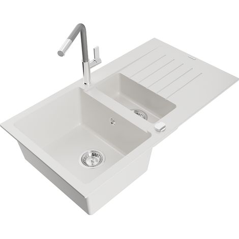 Mexen Matias lavello in granito 1,5 vasche con scolapiatti e rubinetto da cucina Flora, bianco - 6502-20-670401-06 (1/5)