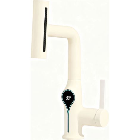 Robinet de lavabo multifonctionnel cascade (blanc laiteux) avec mitigeur 4 jets, douchette extractible, robinet de salle de bain et de cuisine avec affichage LED intelligent. (1/5)