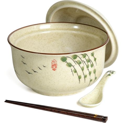 Ensemble de bols en céramique pour ramen avec couvercle 800 ml pour 1 personne vintage japonais grands bols à soupe instantanés bols asiatiques vaisselle cuillère et baguettes branches (1/5)