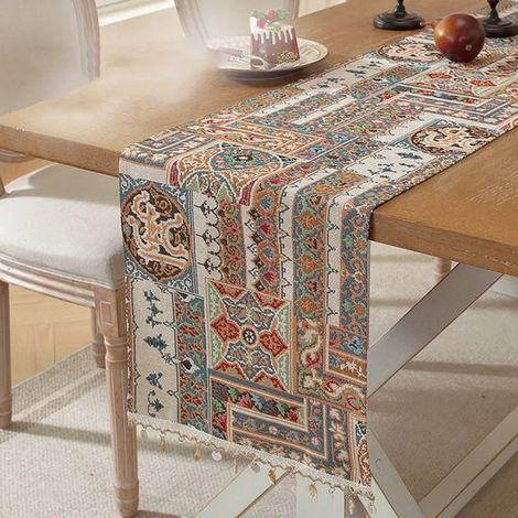 Chemin de table bohème géométrique avec pompons en macramé – Pour la décoration de la cuisine, de la table à manger et des armoires (35210cm)