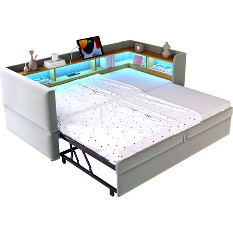CAIziLit 90/180x190 canapé-lit extensible LED prises rangement gris clair (1/5)