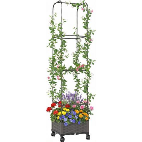 Jardinera elevada con enrejado, macetero móvil con ruedas, agujero de drenaje, dimensiones: 40 x 40 x 185 cm (1/5)