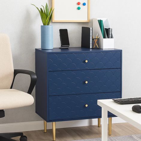 URBAN MEUBLE Armoire de rangement bureau 3 tiroirs – Bleu motif écailles 75x40x89cm (1/5)