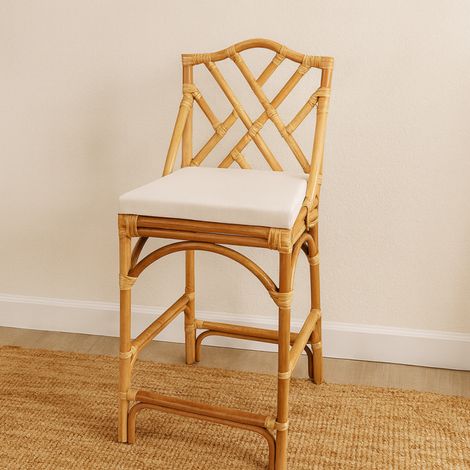 Chaise de Bar en Rotin avec Coussin Blanc "Murcia" - L 45 x P 40 x H 115 cm - Tabouret Haut Extérieur ou Intérieur - Livraison gratuite (1/5)