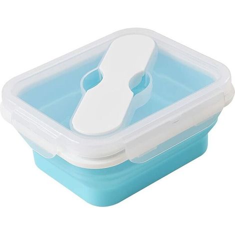 Silicone lunch box with spoon and fork, collapsible food storage container with snap-on lid, 590 ml (1/5)