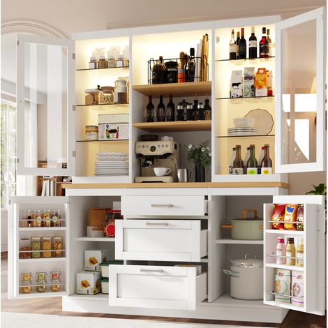 Aparador de cocina 140x40x185 cm en MDF blanco, LED RGB y almacenaje - MEUBLIV (1/5)