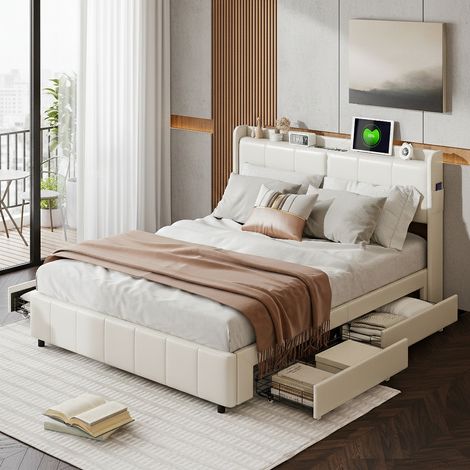 Lit 160x200 cm avec sommier et rangement, cadre de lit avec charge USB, lit double capitonné avec 4 tiroirs, facile à assembler, PU, sans matelas, blanc (1/5)
