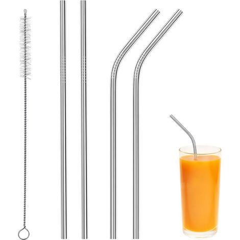 Herbruikbaar roestvrijstalen rietje, 4 stuks (2 recht + 2 gebogen), 21.5 cm om te drinken met 1 borstel, voor cocktail, melk, smoothie, ijskoffie (1/5)