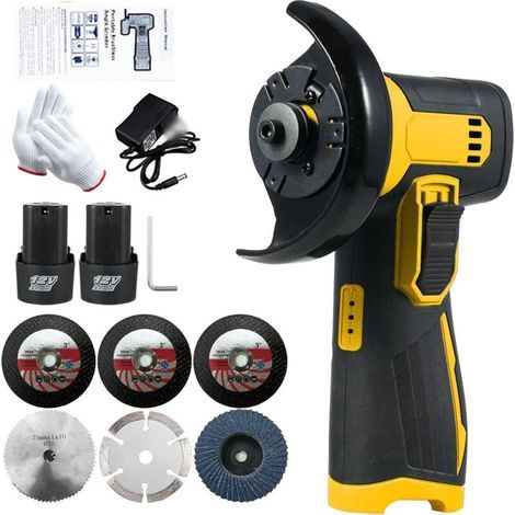 12V Mini Angle Grinder, 3"/76mm Grinding Blade Diameter, 19500RPM, Cordless Angle Grinder with 2 x 1300mAh Batteries and Charger, 6 Cutting Discs, For Grinding and Cutting (1/4)
