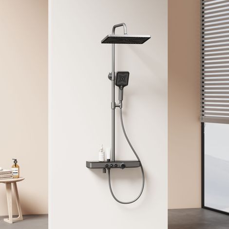EMKE Thermostat Duschsystem mit 36cm Regendusche & 45cm Ablage, Anti-Verbrühung & Wanneneinlauf, Anthrazit
