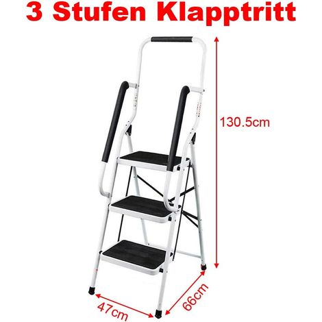 Trittleiter Klappbar 3 Stufen, Stahl Klappstufen mit Handlauf, Anti-rutschfest Haushaltstritt Stehleiter Stabile Leiter Klappleiter Klapptritt Hocker für Haus und Küche, bis 150KG Belastbar