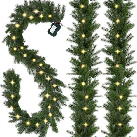 Guirlande de Noël avec lumières, guirlande lumineuse de 1,8 m, guirlande de pin Norfolk réaliste, 18 lumières LED alimentées par piles, minuterie incluse, guirlande de verdure pour décorations de (1/5)