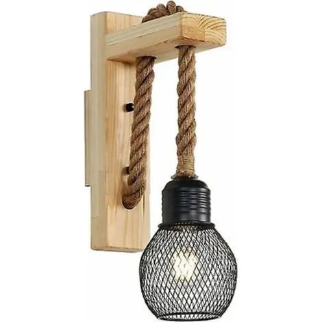 Applique murale vintage en bois massif - Style industriel rétro - Corde de chanvre - Applique rustique pour éclairage intérieur - Abat-jour en métal - Culot E27