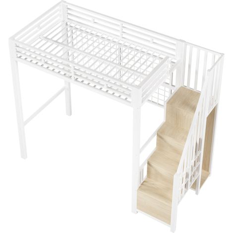 Letto a soppalco 90 x 200 cm in metallo bianco con armadio, scala contenitore e LED 7 colori (1/5)