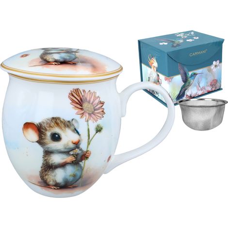 Tazza a forma di barile in porcellana con coperchio a forma di arvicola. Caffè e tè in giardino. (1/5)