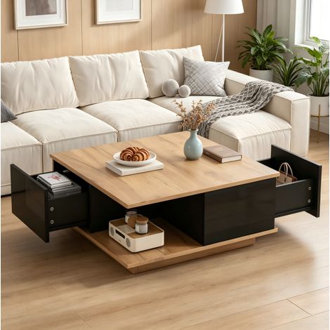 Table basse carrée 70x70x31,5 cm avec 3 tiroirs et rangement semi-ouvert, noir et noyer, panneaux de particules (1/5)