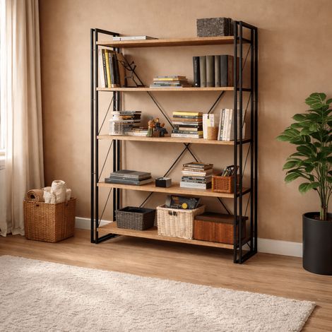 Industrielles Bücherregal aus Kiefernholz, Melamin und schwarzem