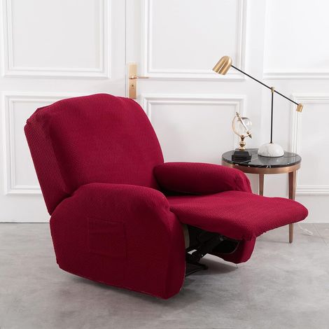 Set of 4 printed knit recliner chair covers, reclining sofa cover with side pockets, elasticated bottom for bedroom, living room, office, hotel (wine red) (1/5)