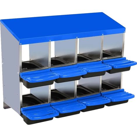 Nido para gallinas, metal galvanizado, diseño de rodillos inclinados, 8 agujeros sin soporte, color azul. (1/2)