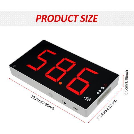 Schallpegelmesser mit großem, digitalem, wandmontiertem LCD-Bildschirm, Dezibel-Lautstärkemessgerät, Messinstrument mit einem Messbereich von 30-130 dB und Alarmfunktion. (1/4)