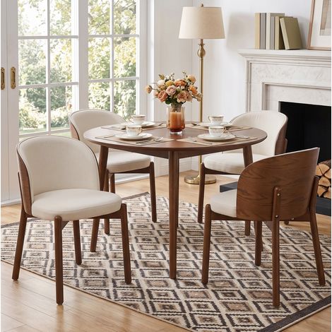 Set de 2 sillas de comedor con respaldo envolvente, tapizado en lino, estructura de madera, acabado nogal (1/5)