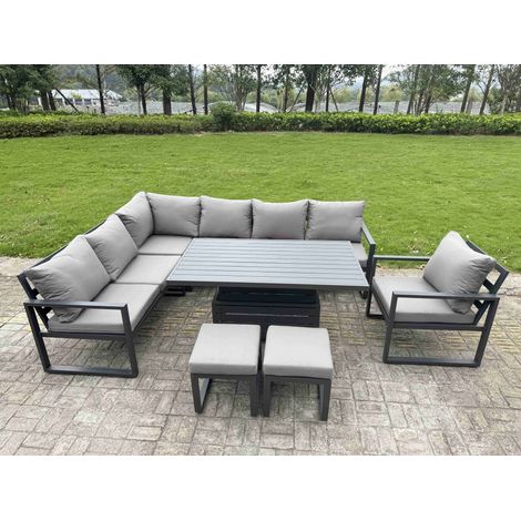 Fimous 8 Pieces Aluminium Garden Furniture Sets with Adjustable Rising Lifting Dining Table,2 Small Footstools 9 Seater Corner Sofa Set Dark Grey (1/5)