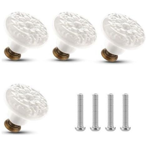 Lot de 4 boutons en céramique pour tiroirs vintage en forme de fleur, boutons décoratifs pour meubles avec vis de montage pour placards, tiroirs, armoires, portes, diamètre 3,6 cm (blanc) (1/5)