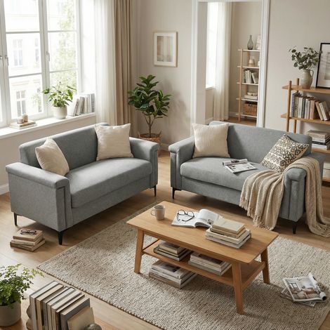 Divano a 2 posti, design scandinavo, tessuto morbido e traspirante, struttura in metallo e legno, grigio chiaro (1/5)