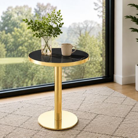 Table basse ronde design avec pied en métal doré, plateau marbre blanc effet luxe pour salon, table d'appoint stable et moderne, piètement robuste en acier inoxydable (1/5)