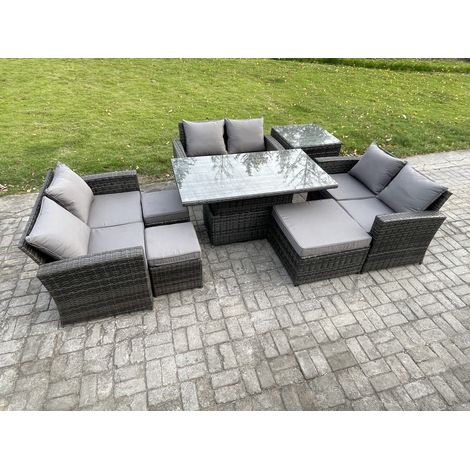 Fimous Polyrattan Gartenmöbel Set Einstellbare Höhe Esstisch Sofa Set mit Doppelsitz-Sofa 3 Hocker Beistelltische Dunkelgrau Gemischt (1/5)